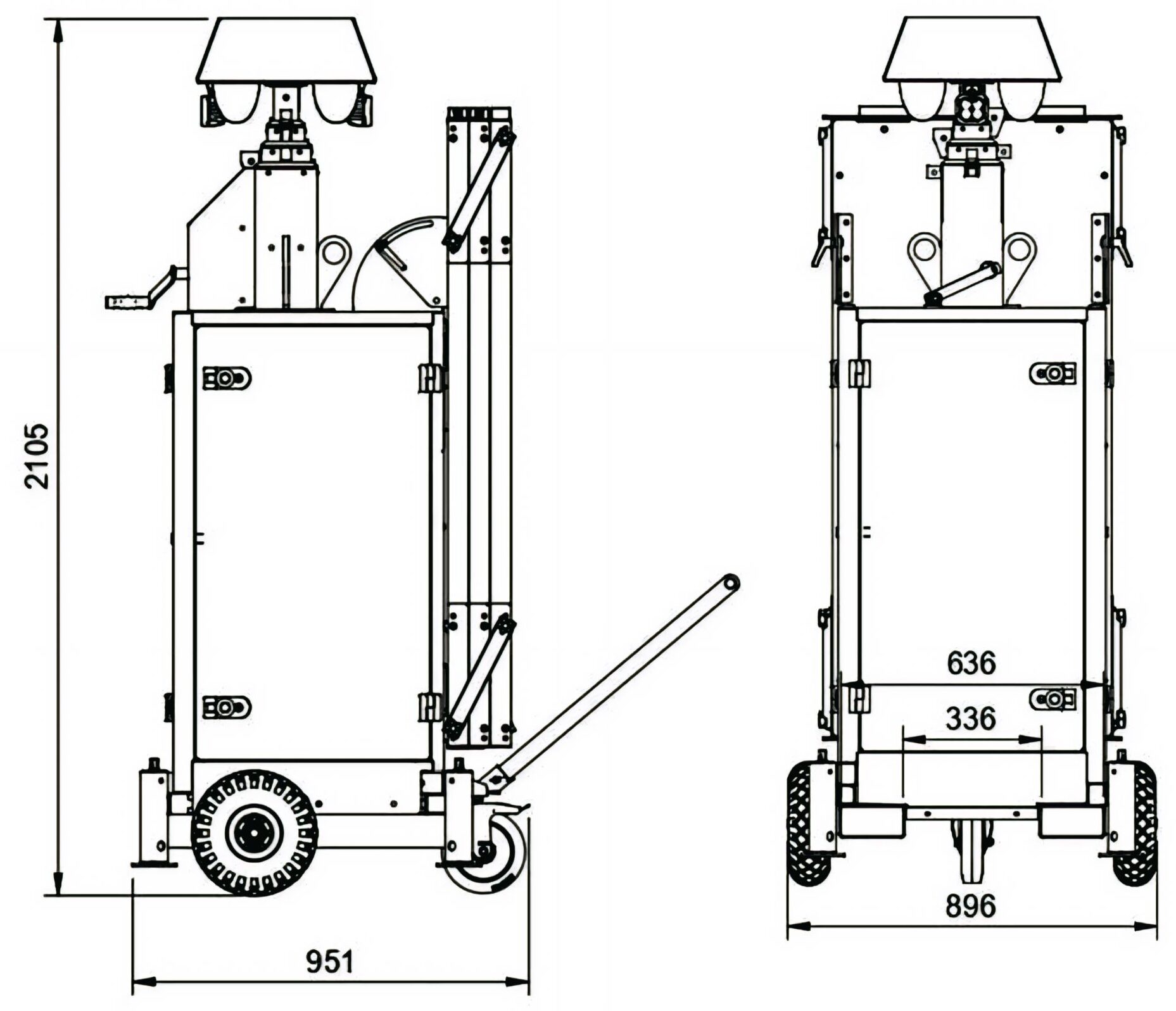 Quantum Solar Tower CAD dimension drawing, front and side views